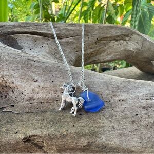Sterling silver cobalt blue sea glass Pendant Necklace 925 silver horse charm
